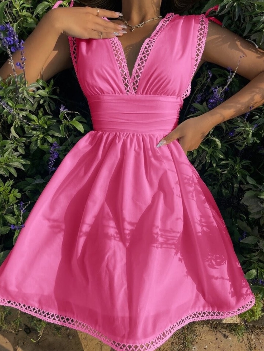 SHEIN Hot Pink Lace-Trim V-Neck Fit & Flare Mini Dress